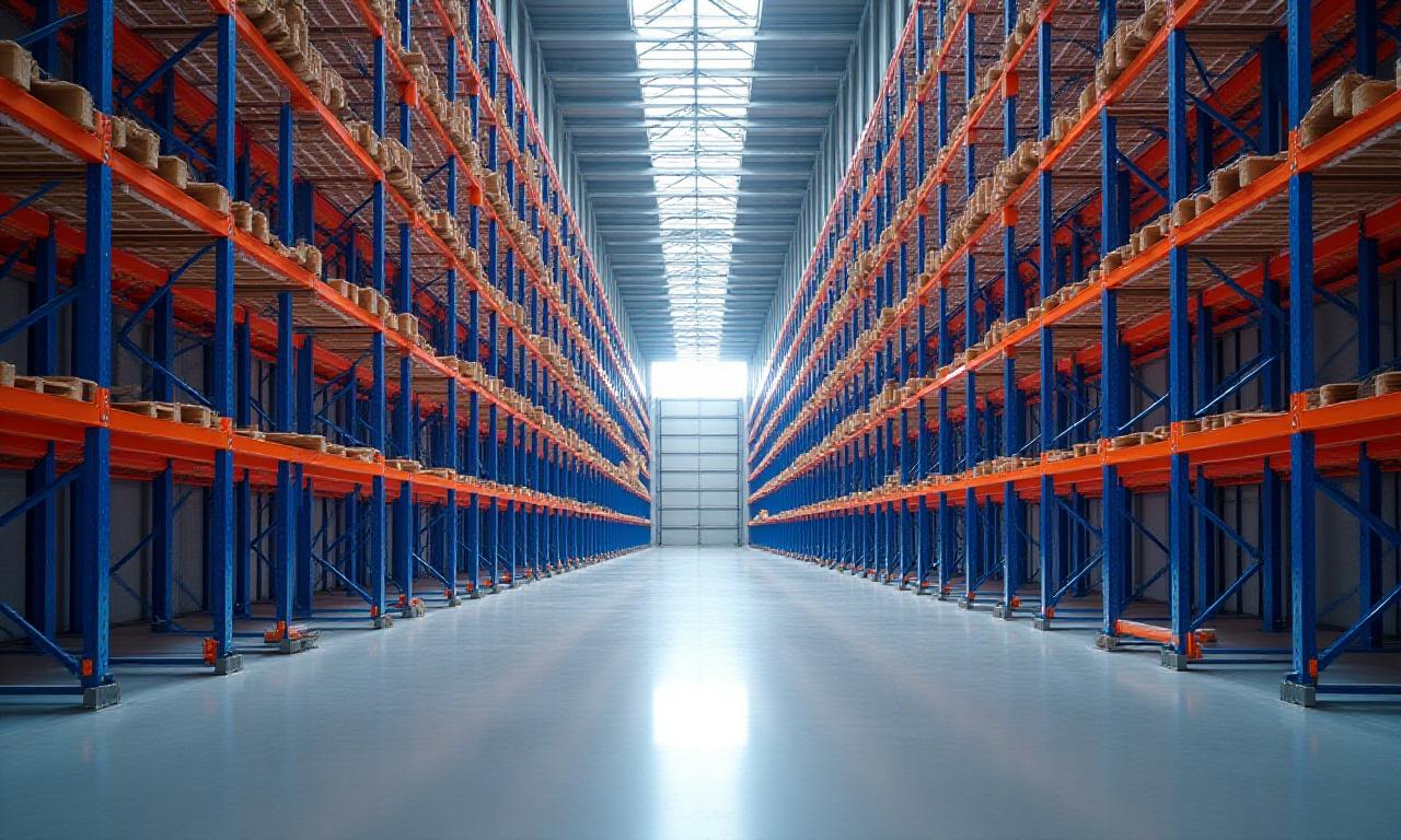 Modern high-bay industrial warehouse facility with organized racking system