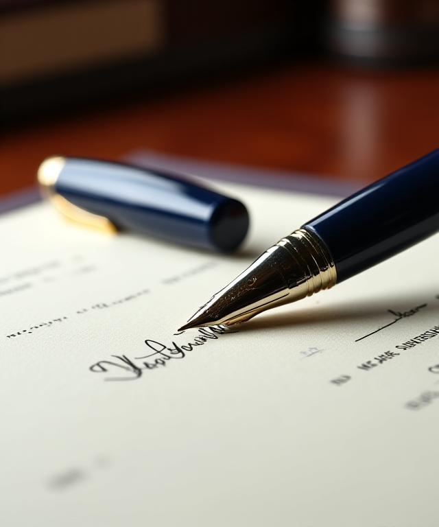 Close up of a professional contract being signed on a mahogany desk