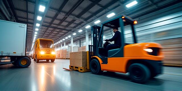 Logistics bay showing fast cargo transfer between freight vehicles